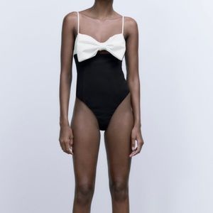 Zara NWT Black white bow bodysuit